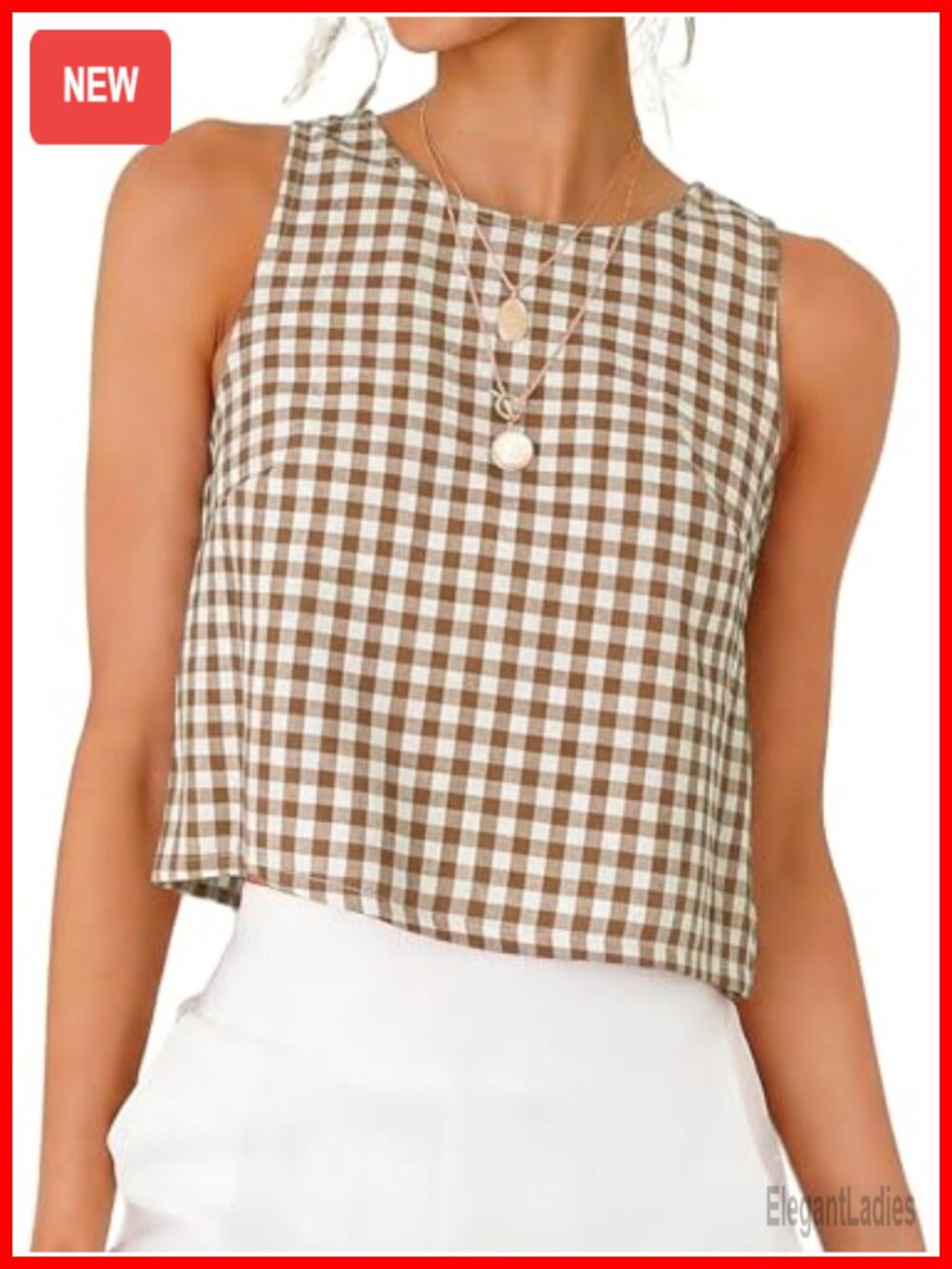 Womens Gingham Plaid Crop Tank Top Sleeveless High Neck Summer